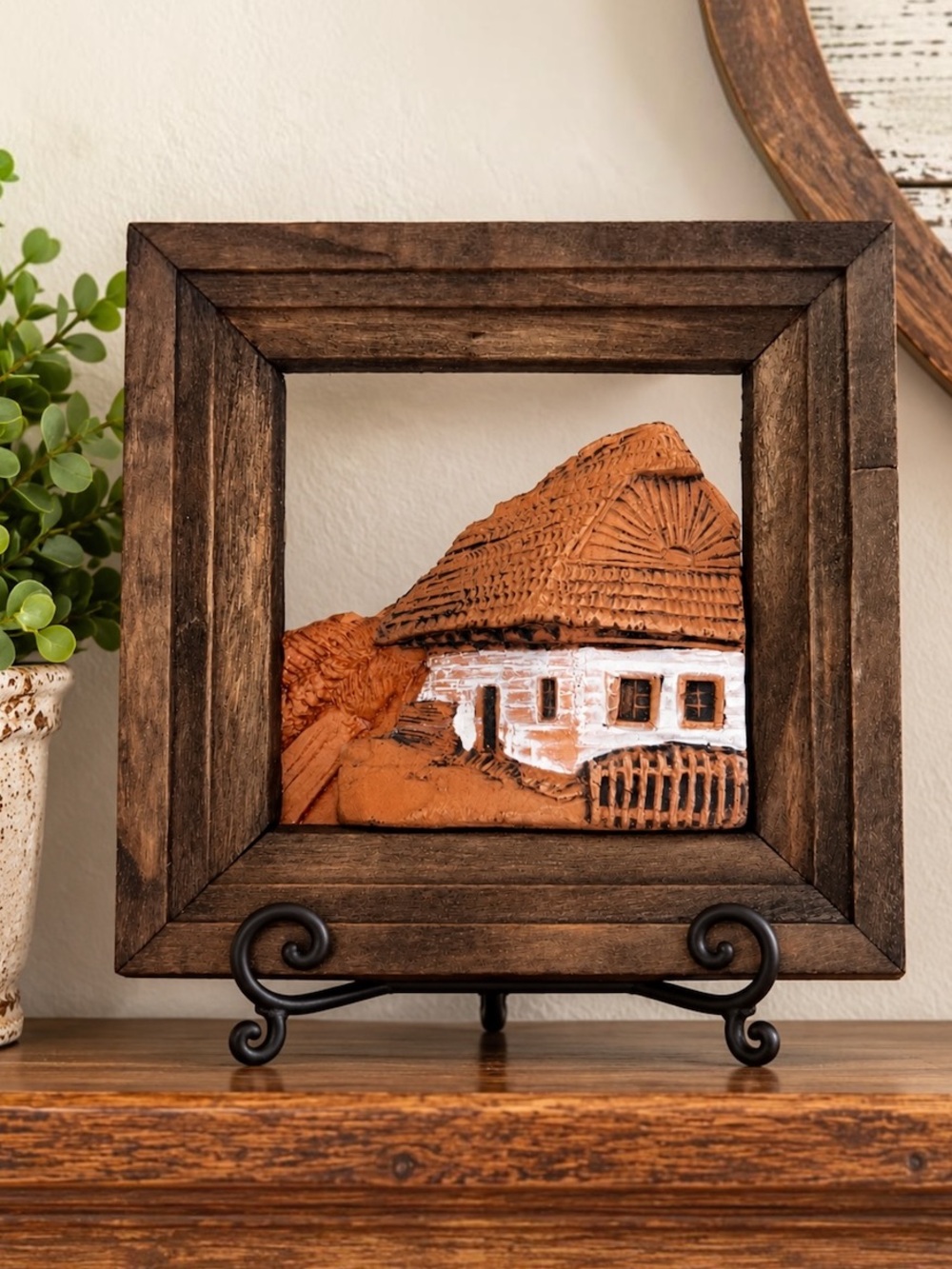 Vintage Terracotta Clay Folk Art Cottage Wall Plaque 3D Pottery Wood Frame 4.5”